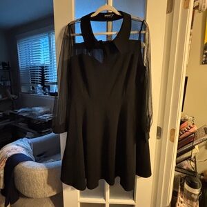 Allegra K Black Fit-and-Flare Dress with Sheer Long Sleeves